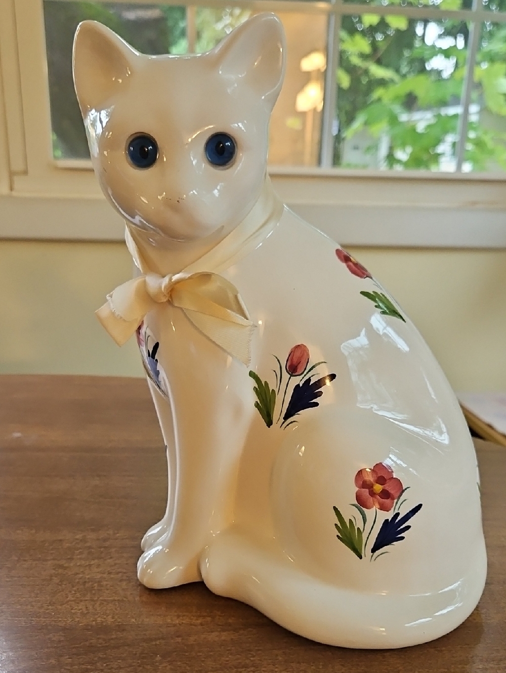 Large Ceramic Cat Figurine with Floral Motif